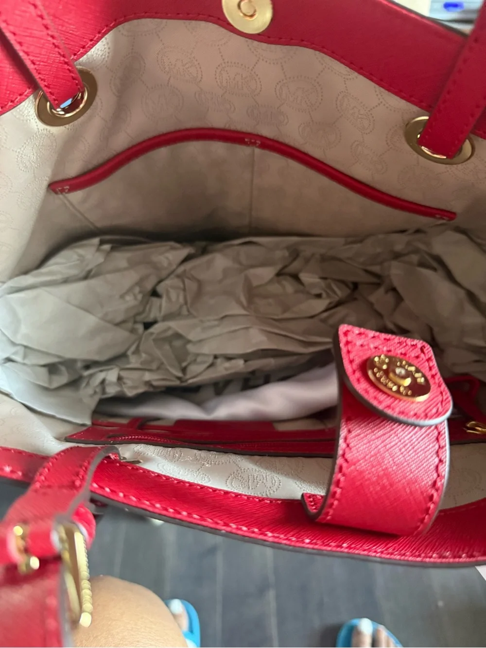 Michael Kors Red Saffiano Leather Tote with Gold MK Charm - Picture 4 of 5